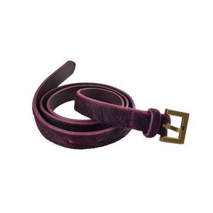 J Crew Belt Burgundy Wine Cow Hide Fur Thin Gold Brass Buckle Italian Leather